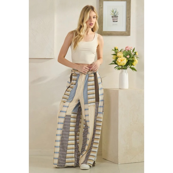 Oli & Hali Cream Blue Multicolor Striped Pants - Picture 5 of 9